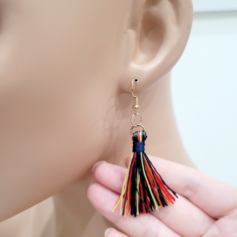 Brand New Gold Tone Rainbow Colours Tassel Dangle Earrings